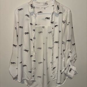 Jane + Delancey White Button-Up Blouse with Black Tiger Print